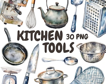 Watercolor Kitchen Tools Clipart Bundle, Baking Supplies Clipart, Cooking Illustrations, Transparent PNG Graphics, Commercial Use