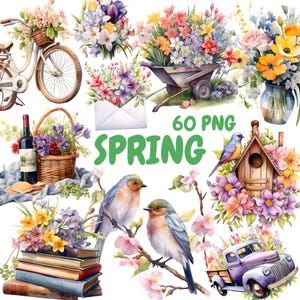 May include: A set of 60 spring-themed PNG images featuring watercolor illustrations of flowers, birds, a bicycle, a wheelbarrow, a birdhouse, a truck, and books. The text "60 PNG SPRING" is displayed in green.