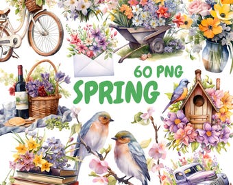 Paquete de imágenes prediseñadas de primavera en acuarela, PNG de jardín de primavera de Pascua, gráficos de Pascua, descarga digital instantánea para uso comercial