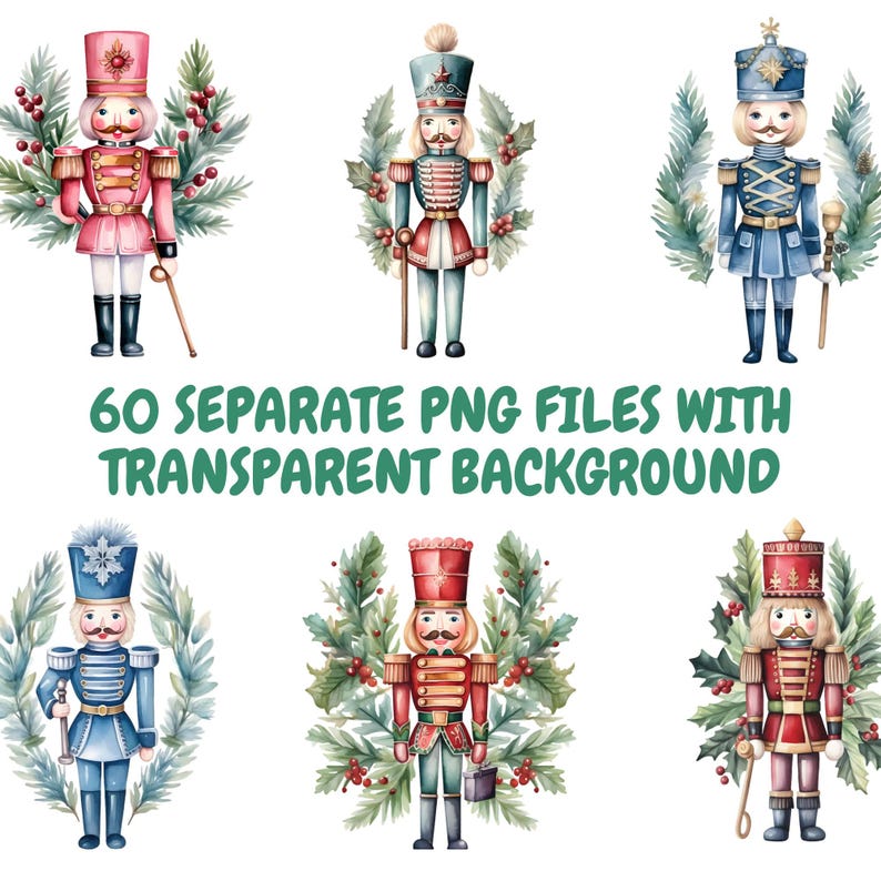 May include: Six watercolour illustrations of nutcracker soldiers with festive greenery. Each nutcracker is wearing a different uniform with red, blue and gold accents. The illustrations are perfect for holiday crafts and decorations.