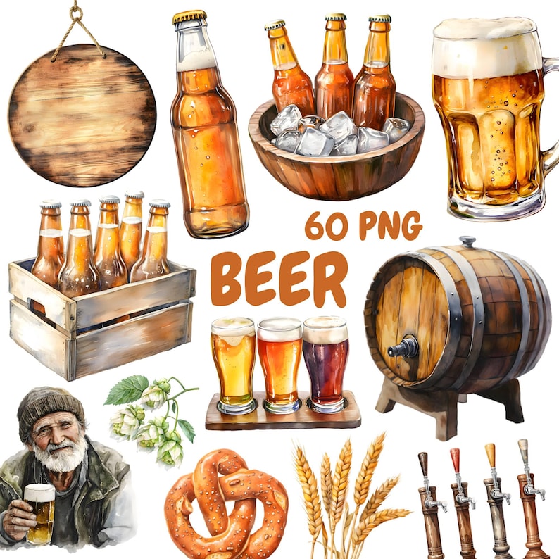 May include: A watercolor illustration of beer-themed items, including bottles, mugs, a barrel, pretzels, hops, and a wooden crate. The illustration is labeled "60 PNG BEER".