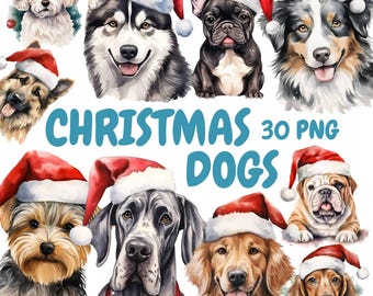 Watercolor Christmas Dogs Clipart Bundle, Santa Dogs Clipart, Xmas Dog Graphics, Instant Digital Download For Commercial Use