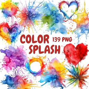 Paquete de imágenes prediseñadas de salpicaduras de color de acuarela, imágenes prediseñadas de salpicaduras de pintura, ilustraciones abstractas, gráficos PNG transparentes, uso comercial