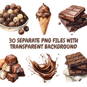 May include: An assortment of chocolate treats, including truffles, a chocolate ice cream cone, chocolate bars, and assorted candies. The image includes the text "30 SEPARATE PNG FILES WITH TRANSPARENT BACKGROUND."