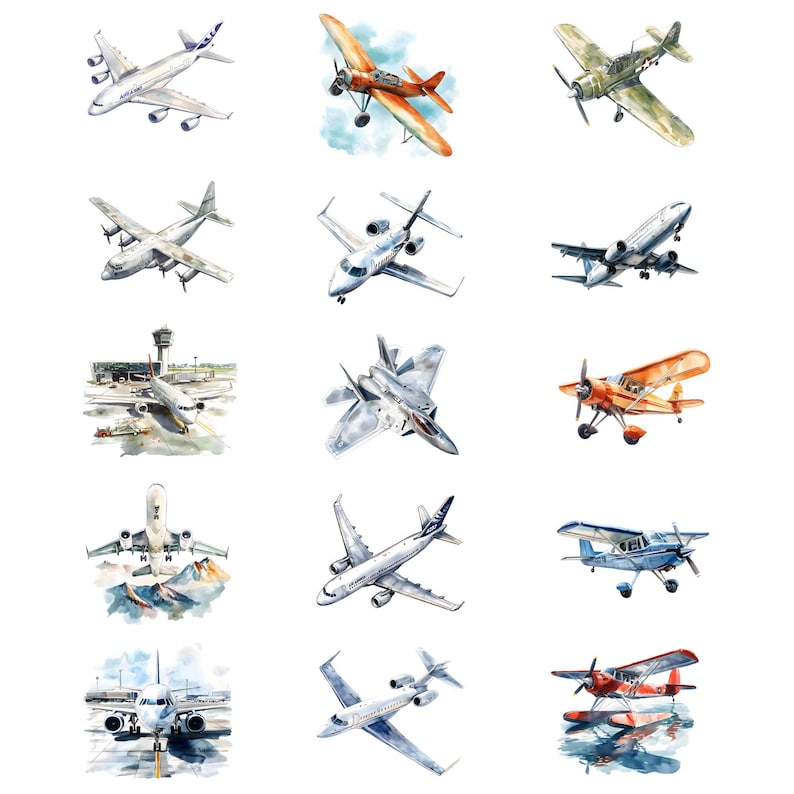 Akvarell flygplan clipart paket, fraktflygplan clipart, flygplansillustrationer, transparent PNG-grafik, kommersiellt bruk bild 7