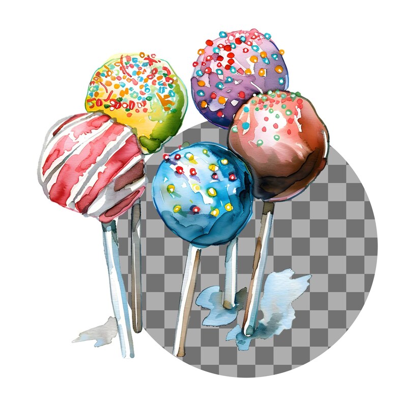 May include: Five colorful cake pops with sprinkles on a checkered background. The cake pops are on sticks and are arranged in a circle. The cake pops are blue, red, yellow, purple, and brown.
