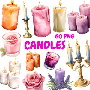 Watercolor Candles Clipart Bundle, Cozy Spa Clipart, Candle Illustrations, Transparent PNG Graphics, Commercial Use