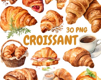 Watercolor Croissant Clipart Bundle, French Bakery Clipart, Dessert Illustrations, Transparent PNG Graphics, Commercial Use