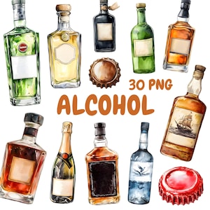 Paquete de imágenes prediseñadas de alcohol en acuarela, imágenes prediseñadas de botellas de alcohol, ilustraciones de cerveza, gráficos PNG transparentes, uso comercial