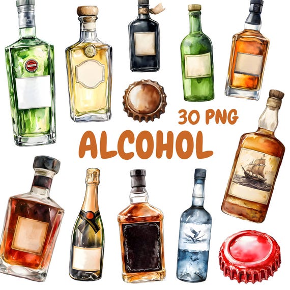 Watercolor Alcohol Clipart Bundle, Alcohol Bottle Clipart, Beer Illustrations, Transparent PNG Graphics, Commercial Use