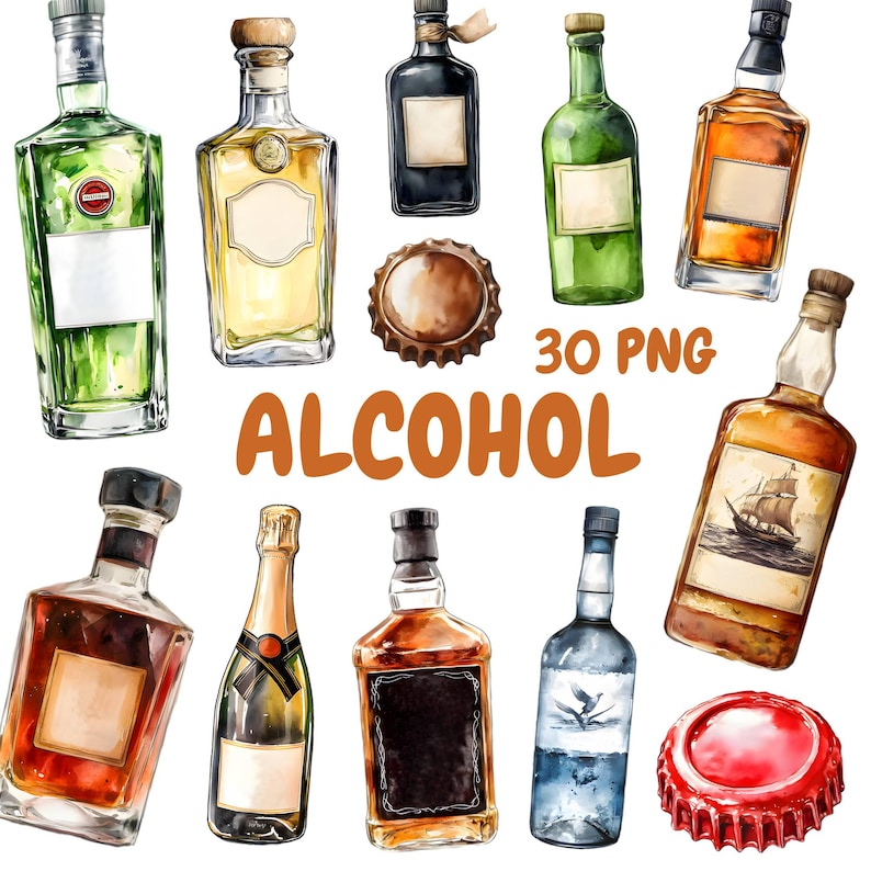 May include: A collection of 30 watercolor illustrations of various alcoholic beverages, including bottles of gin, tequila, whiskey, rum, and beer. The illustrations are in a realistic style and feature a variety of colors and textures.