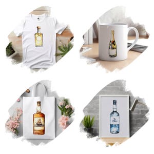 May include: Four different products featuring watercolor illustrations of bottles of alcohol. A white t-shirt with a bottle of liquor, a white mug with a bottle of champagne, a white tote bag with a bottle of rum, and a white framed print with a bottle of gin.