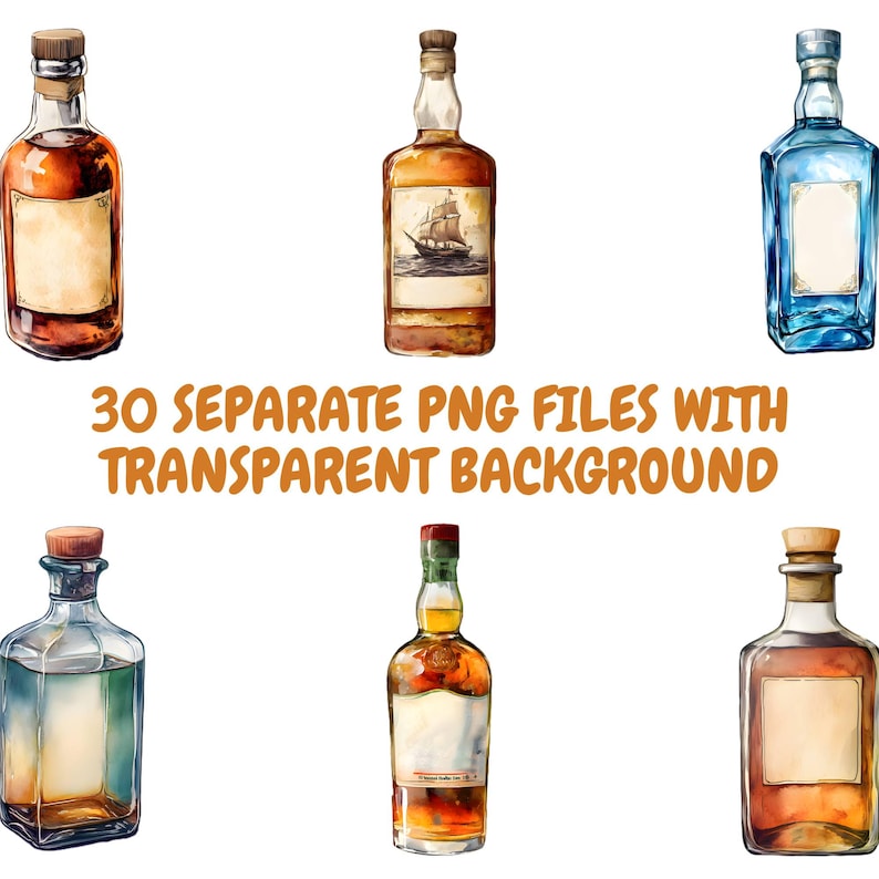 May include: Set of six watercolor illustrations of various glass bottles with labels. The bottles are filled with different colored liquids. The bottles are isolated on a white background.