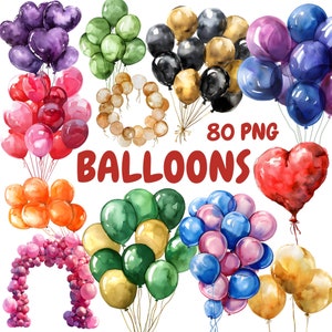 Aquarel ballonnen clipartbundel, kleurrijke ballon clipart, ballonnen illustraties, transparante png-afbeeldingen, commercieel gebruik
