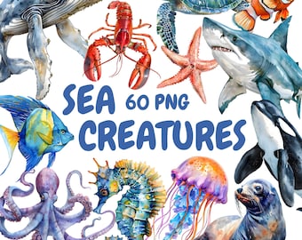 Puede incluir: Un conjunto de 60 ilustraciones de acuarela de criaturas marinas, que incluyen una ballena, una langosta, una tortuga marina, una estrella de mar, un tiburón, un pulpo, un caballito de mar, una medusa, una foca y un pez. Las ilustraciones están en una paleta de colores vibrantes y son perfectas para agregar un toque de fantasía a cualquier proyecto.