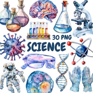 Pacote de clipart de ciência em aquarela, clipart de laboratório de química, ilustrações de laboratório, gráficos PNG transparentes, uso comercial