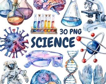 Watercolor Science Clipart Bundle, Chemistry Lab Clipart, Laboratory Illustrations, Transparent PNG Graphics, Commercial Use