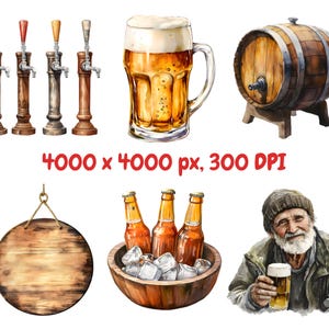May include: A watercolor illustration of a set of beer-related items, including a wooden barrel, beer taps, a glass of beer, and three bottles of beer in a wooden bowl with ice.