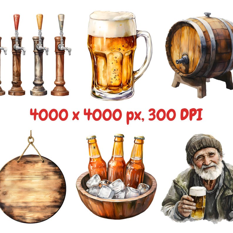 May include: A watercolor illustration of a set of beer-related items, including a wooden barrel, beer taps, a glass of beer, and three bottles of beer in a wooden bowl with ice.