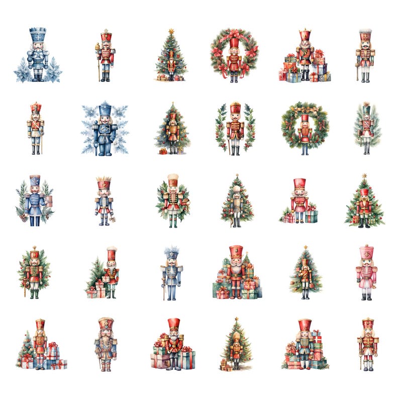 May include: A collection of 36 watercolour illustrations of nutcracker soldiers in various poses and settings. The nutcrackers are depicted in red, blue, and gold colours, with some holding weapons and others holding gifts. The illustrations are set against a white background.