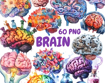 Watercolor Brain Clipart Bundle, Colorful Brain Clipart, Mind Illustrations, Transparent PNG Graphics, Commercial Use