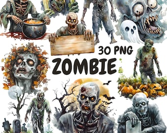 Watercolor Zombie Clipart Bundle, Halloween Zombie Clipart, Zombie Apocalypse Graphics, Instant Digital Download For Commercial Use