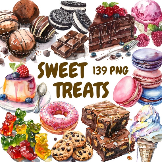Watercolor Sweet Treats Clipart Bundle, Sweet Food Clipart, Lollipop Illustrations, Transparent PNG Graphics, Commercial Use