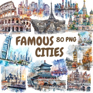 Bundle de cliparts aquarelles villes célèbres, cliparts monuments populaires, illustrations de la ville, graphiques PNG transparents, usage commercial