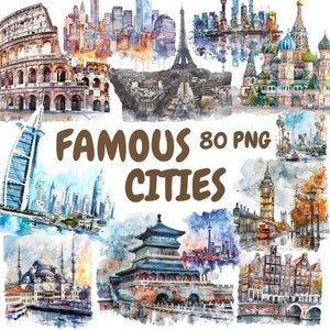 Paquete de imágenes prediseñadas de ciudades famosas de acuarela, imágenes prediseñadas de lugares populares, ilustraciones de ciudades, gráficos PNG transparentes, uso comercial