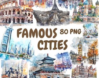 Watercolor Famous Cities Clipart Bundle, Popular Landmarks Clipart, City Illustrations, Transparent PNG Graphics, Commercial Use