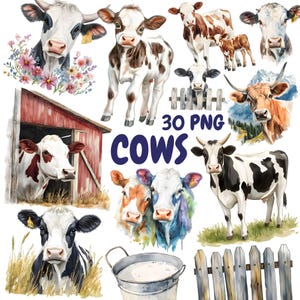 Bundle de cliparts vaches aquarelles, clipart animaux de la ferme, illustrations de vaches, graphiques PNG transparents, usage Commercial