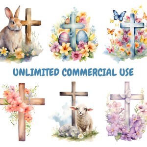Puede incluir: Seis ilustraciones de acuarela de cruces con arreglos florales. Las cruces son de varios colores y estilos, incluyendo una cruz marr&oacute;n con flores rosas, una cruz azul con flores amarillas y una cruz blanca con flores moradas. Las ilustraciones son perfectas para Pascua o manualidades religiosas.