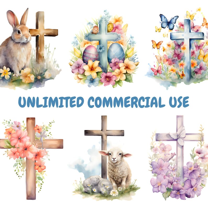 Puede incluir: Seis ilustraciones de acuarela de cruces con arreglos florales. Las cruces son de varios colores y estilos, incluyendo una cruz marr&oacute;n con flores rosas, una cruz azul con flores amarillas y una cruz blanca con flores moradas. Las ilustraciones son perfectas para Pascua o manualidades religiosas.