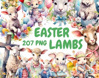 Pacchetto di clipart di agnelli pasquali acquerellati, agnello carino in formato PNG, grafica di buona Pasqua, download digitale istantaneo per uso commerciale