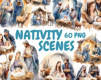 Watercolor Nativity Scenes Clipart Bundle, Baby Jesus Clipart, Nativity Scene Graphics, Instant Digital Download For Commercial Use