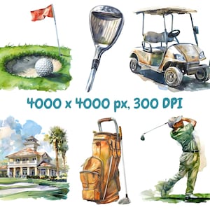 Pu&ograve; includere: Un'illustrazione ad acquerello di un campo da golf con una palla da golf in una buca, una mazza da golf, un carrello da golf, una sacca da golf e un golfista che fa lo swing con una mazza. L'illustrazione &egrave; su uno sfondo bianco.