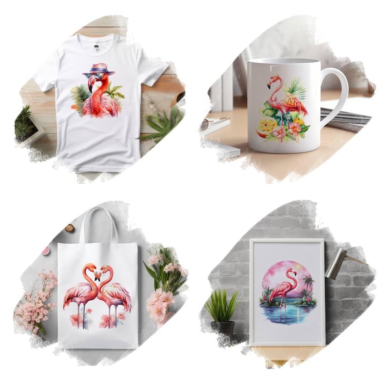 K&ouml;nnte beinhalten: Eine Sammlung von Produkten zum Thema Flamingo. Enth&auml;lt ein wei&szlig;es T-Shirt mit einem Flamingo mit Sonnenbrille, einen wei&szlig;en Becher mit einem Flamingo und tropischen Blumen, eine wei&szlig;e Tragetasche mit zwei Flamingos und einen gerahmten Druck eines Flamingos bei Sonnenuntergang.