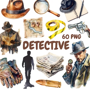 Watercolor Detective Clipart Bundle, Secret Agent Clipart, Spy Illustrations, Transparent PNG Graphics, Commercial Use