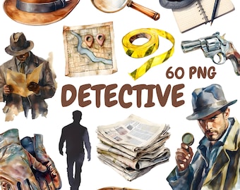 Watercolor Detective Clipart Bundle, Secret Agent Clipart, Spy Illustrations, Transparent PNG Graphics, Commercial Use