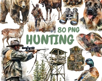Watercolor Hunting Clipart Bundle, Duck Hunting Clipart, Hunting Illustrations, Transparent PNG Graphics, Commercial Use