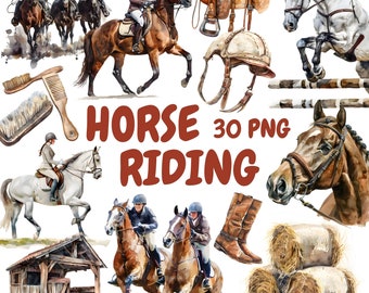 May include: Watercolor illustrations of horse riding equipment and scenes. Includes images of horses, riders, saddles, boots, a riding helmet, and hay bales. The text "HORSE RIDING 30 PNG" is displayed in a large, bold font.