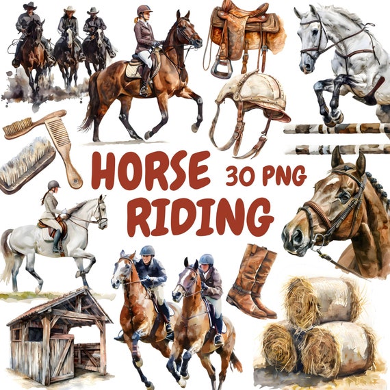 Watercolor Horse Riding Clipart Bundle, Horseback Riding Clipart, Horse Illustrations, Transparent PNG Graphics, Commercial Use