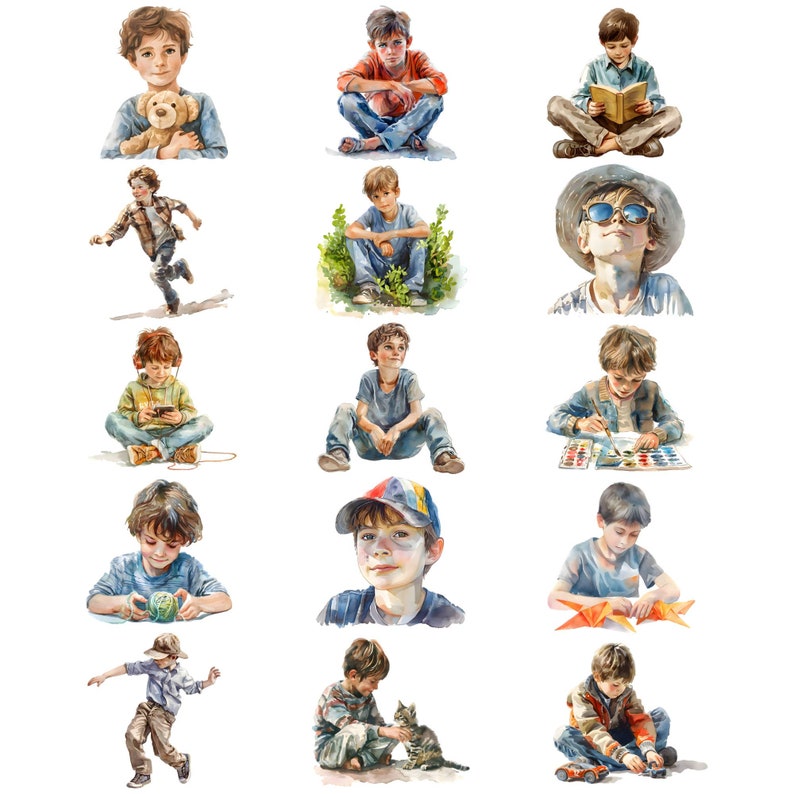 Watercolor Cute Boys Clipart Bundle, Teenage Boy Clipart, Children ...