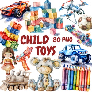 Pacote de clipart de brinquedos infantis em aquarela, clipart de brinquedos fofos, ilustrações de brinquedos, gráficos PNG transparentes, uso comercial