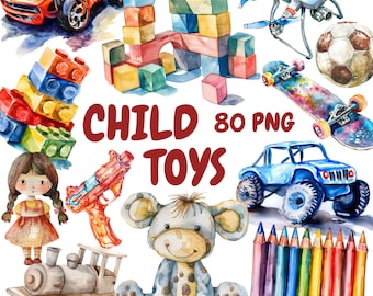 Watercolor Child Toys Clipart Bundle, Cute Toys Clipart, Toys Illustrations, Transparent PNG Graphics, Commercial Use