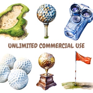 Pu&ograve; includere: Illustrazione ad acquerello di oggetti a tema golf, tra cui una palla da golf su un tee, un trofeo di palla da golf, tre palle da golf, una bandiera da golf e un telemetro da golf. L'illustrazione &egrave; su sfondo bianco.