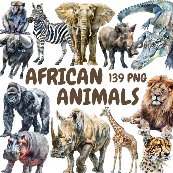 Watercolor African Animals Clipart Bundle, Safari Animals Clipart, Zebra Illustrations, Transparent PNG Graphics, Commercial Use