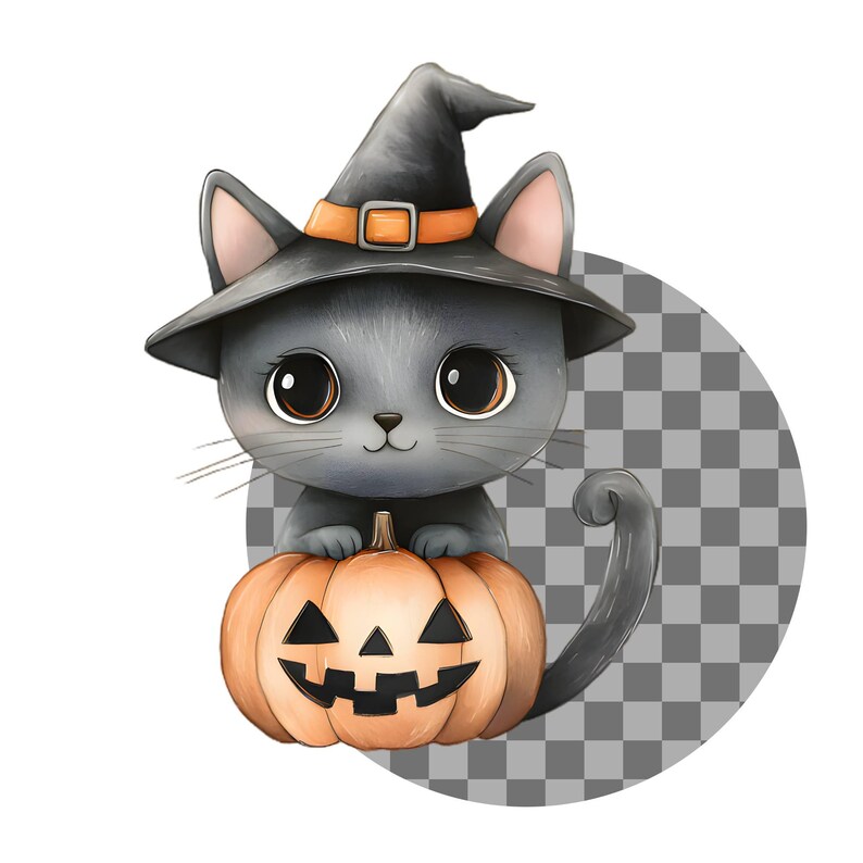 May include: A cartoon illustration of a gray cat wearing a black witch hat with an orange buckle, holding an orange jack-o'-lantern. The cat has large, expressive eyes and a smiling face. The background is a gray and white checkered pattern.