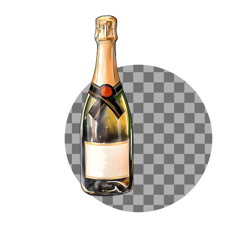 May include: A gold-colored champagne bottle with a black label and a red wax seal. The bottle is standing on a checkered background.