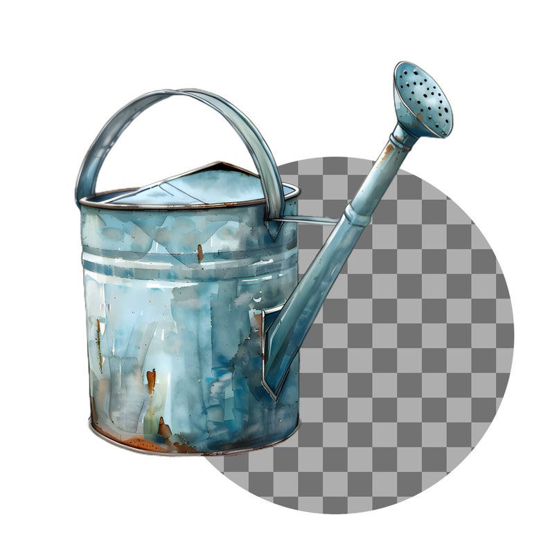 Pu&ograve; includere: Un annaffiatoio in metallo blu con patina rugginosa e un beccuccio. L'annaffiatoio ha un manico e un coperchio. Il beccuccio &egrave; inclinato verso l'alto.